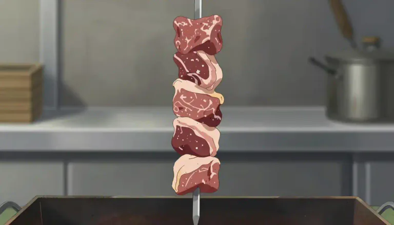 Visual representation of "skewer" - A long pin for holding meat in position while it is being cooked.