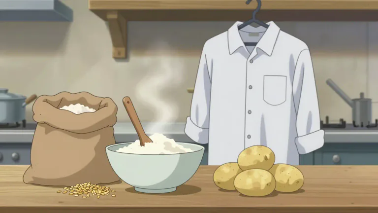 Visual representation of "starch" - A type of carbohydrate in foods like potatoes and grains, and used to make clothes stiff