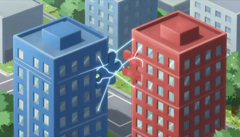 Visual representation of "amalgamate" - to combine or unite to form one organization or structure