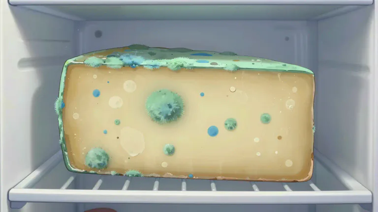 Visual representation of "moldy" - Covered with or contains molds, which are a type of tiny fungi.