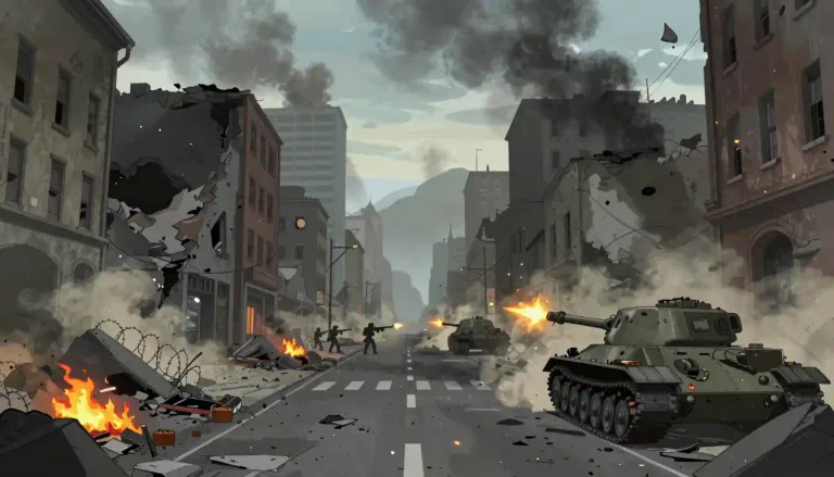 Visual representation of "warzone" - A place where there is active fighting, particularly in military conflicts.