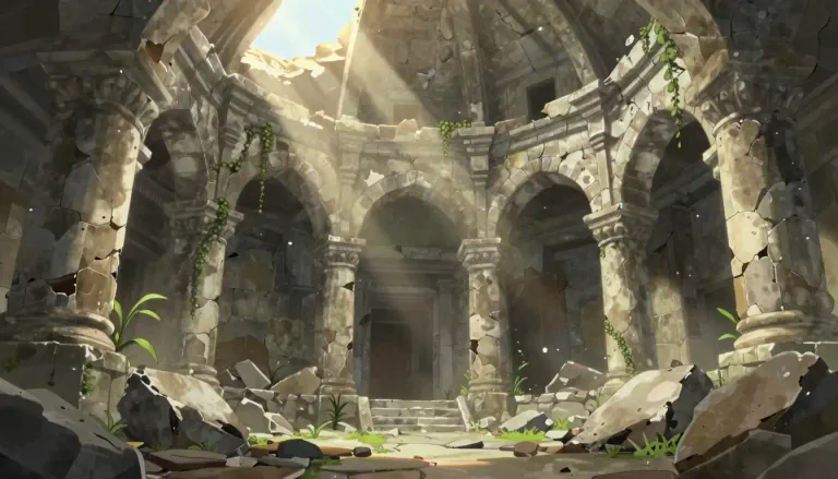Visual representation of "ruin" - The remains of a damaged or decayed building or place