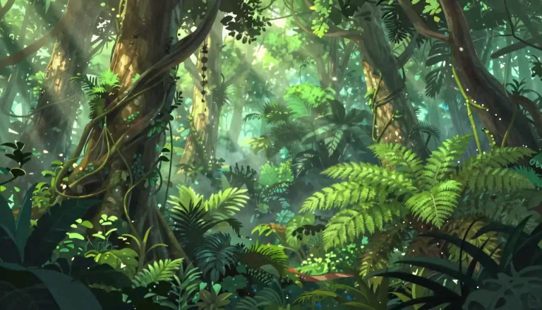 Visual representation of "jungle" - A large area of land covered with dense vegetation, usually in tropical areas.