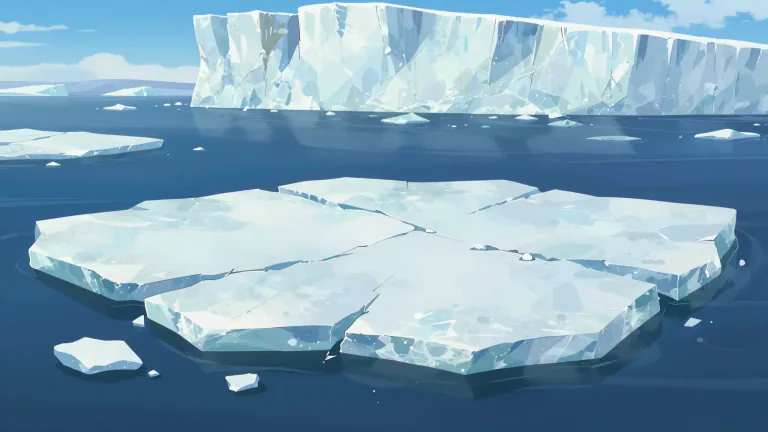 Visual representation of "floe" - A flat large piece of ice that has broken off from an iceberg or glacier and is floating in the sea