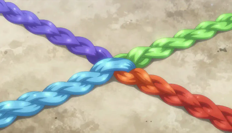 Visual representation of "interweave" - To mix or blend in a way that things are woven or laced together.