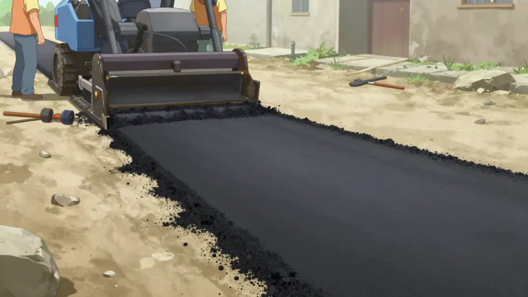 Visual representation of "pave" - To cover with a material that forms a firm, level surface, such as stones or asphalt, to make a road, path, etc.