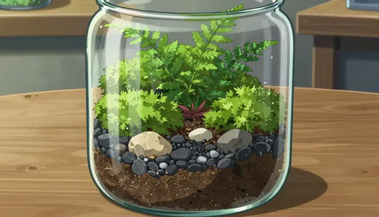 Visual representation of "terrarium" - A habitat enclosed in glass intended for growing plants, often representing a self-sustaining ecosystem.