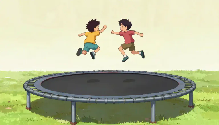 Visual representation of "trampoline" - A strong fabric sheet connected by springs to a frame, used for bouncing on