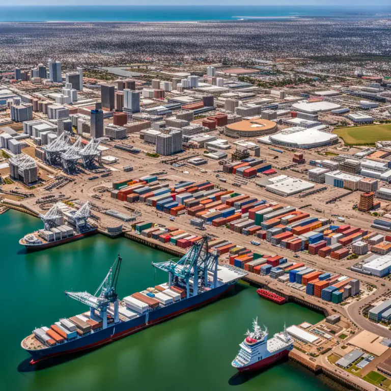 Visual representation of "port" - A town or city with a harbor where ships load or unload.