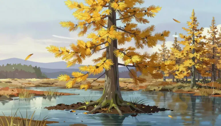Visual representation of "tamarack" - A tamarack is a type of tree that grows in wet areas of North America and has thin, needle-like leaves that fall off in the winter.