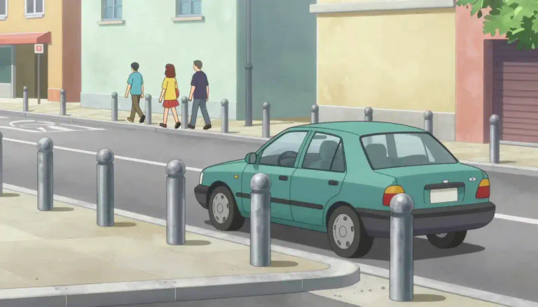 Visual representation of "bollard" - A short, thick post placed on a road to direct traffic or protect people and buildings from vehicles.