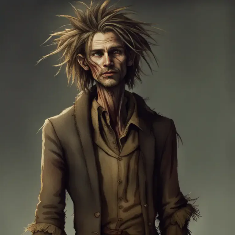 Visual representation of "scarecrow" - A very thin, ragged person, especially one that looks poor and is dressed in worn out clothes.