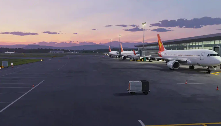 Visual representation of "tarmac" - An area at an airport where aircraft are parked, without direct access to a terminal.