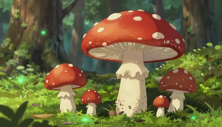 Visual representation of "toadstool" - A kind of mushroom that is often poisonous and has a cap, typically one that is round and not edible.