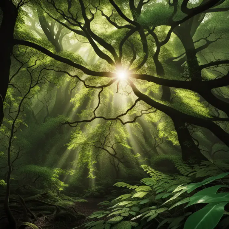 Visual representation of "canopy" - A layer of trees that block sunlight from reaching the ground in dense forests.
