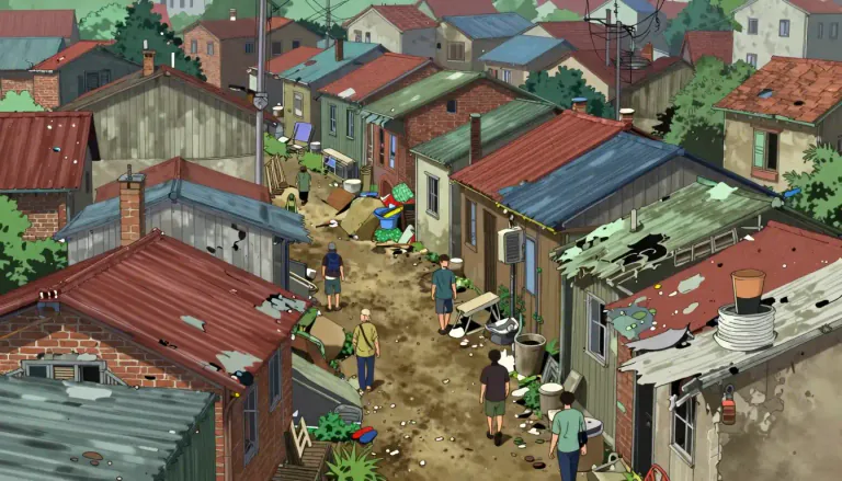 Visual representation of "slum" - A poor, run-down place where a lot of people live, often very tightly together.