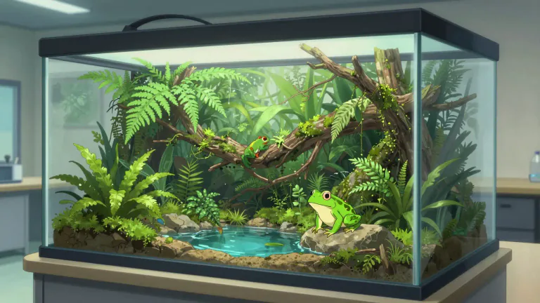 Visual representation of "vivarium" - An indoor space or enclosure made to imitate the natural habitat for keeping animals and plants for observation or research.