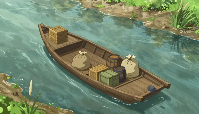 Visual representation of "flatboat" - A large, flat-bottomed boat used for transporting goods in shallow water.
