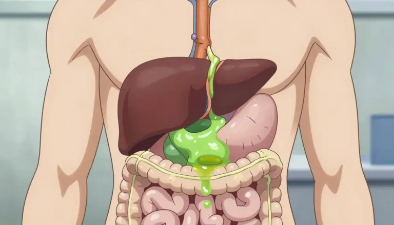Visual representation of "bile" - A bitter, greenish-brown liquid produced by the liver that helps in digestion, especially fat.