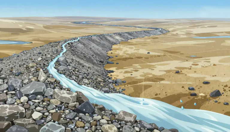Visual representation of "esker" - A long ridge of gravel and other sediment, typically having a winding course, deposited by meltwater from a retreating glacier or ice sheet.