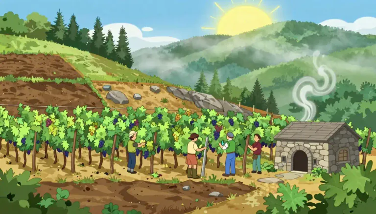 Visual representation of "terroir" - The set of environmental conditions and cultural factors affecting the flavor of agricultural products, especially wine.