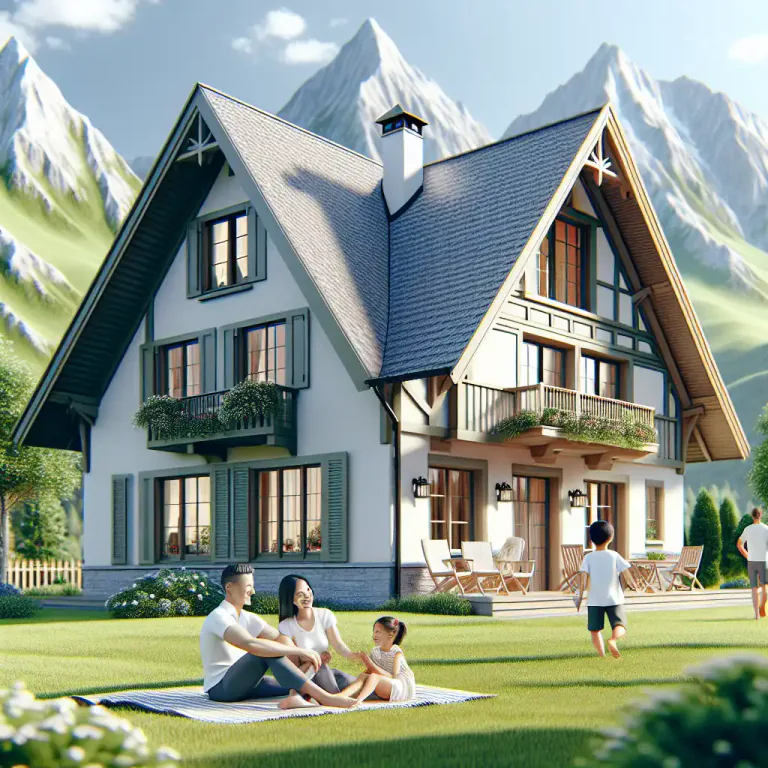 Visual representation of "chalet" - A type of house with a sloping roof, commonly built for vacations.
