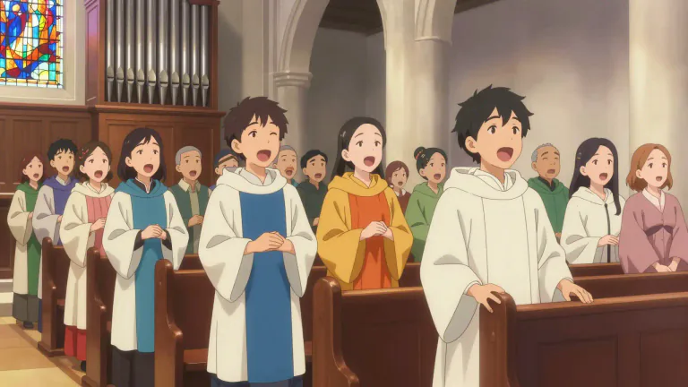 Visual representation of "chorale" - A hymn sung by a choir in a Christian church service