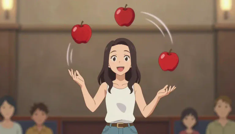 Visual representation of "juggle" - To keep throwing and catching several objects in the air, usually to entertain people