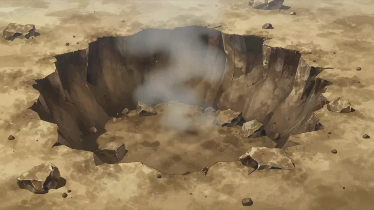 Visual representation of "crater" - A big, round hole caused by something hitting the ground or by an explosion