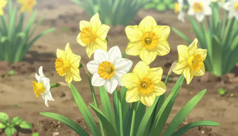 Visual representation of "narcissus" - A kind of flower that is usually yellow or white and blooms in the spring.