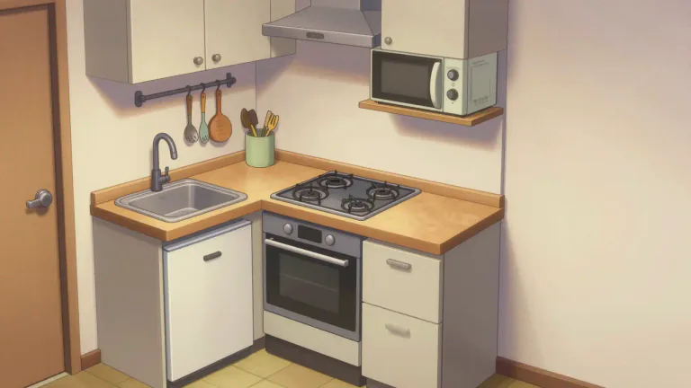 Visual representation of "kitchenette" - A small kitchen or area that serves as a kitchen in a house or apartment
