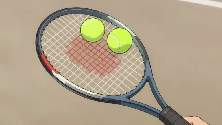 Visual representation of "racket" - A piece of sports equipment with a handle and an oval frame with a tight interlaced network of strings used to hit balls in various games