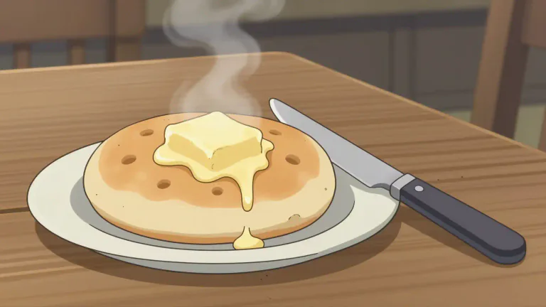 Visual representation of "crumpet" - A type of small, round bread that is eaten hot, often with butter