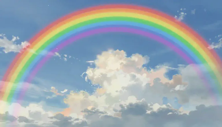 Visual representation of "rainbow" - A semi-circle of different colors that appear in the sky when the sun shines onto droplets of water after rain