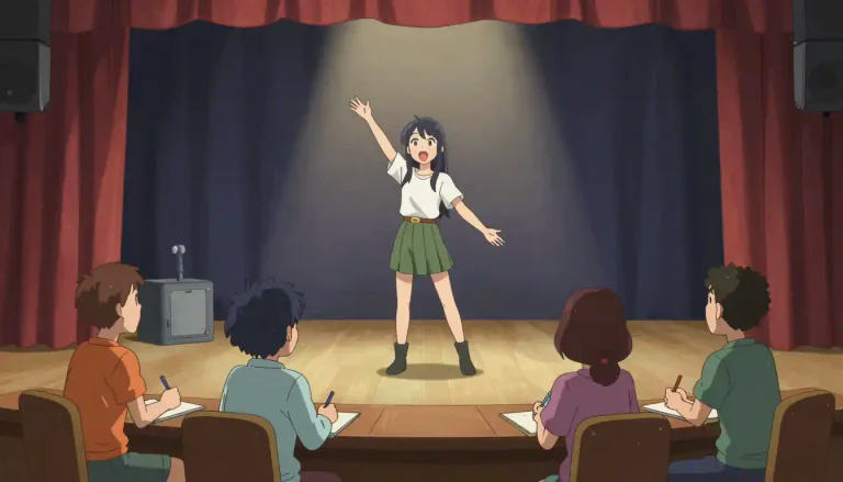 Visual representation of "audition" - A test to decide if someone is good enough to do a job, particularly in acting, singing or dancing