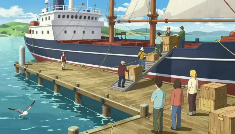 Visual representation of "dock" - A place where ships stop and goods and people get on or off.