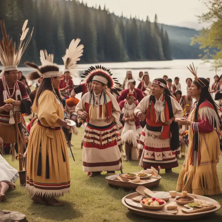 Visual representation of "powwow" - A traditional gathering among North American Indigenous peoples which typically involves a feast, singing, dancing, and other celebrations.