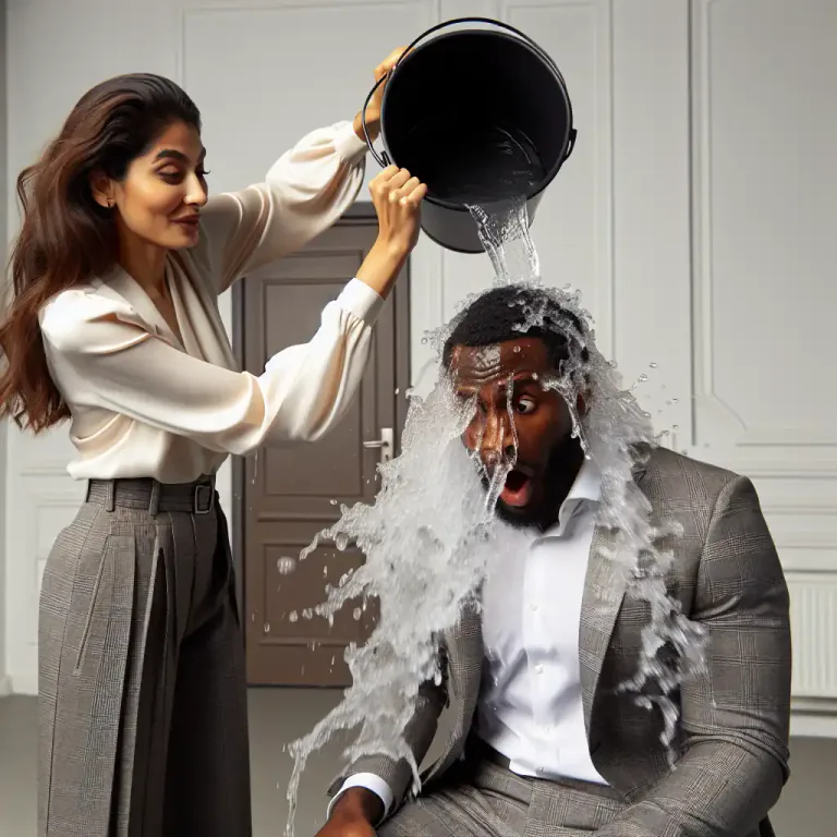 Visual representation of "souse" - To douse or pour liquid on something or someone.