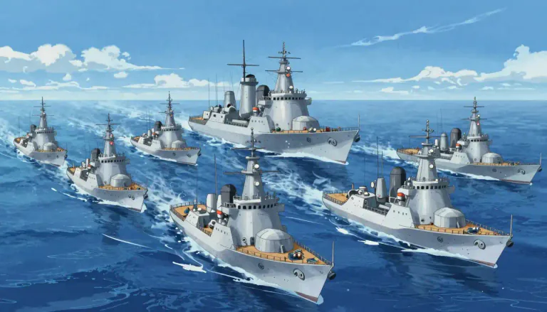 Visual representation of "fleet" - A group of ships sailing together, often controlled by one group or person.