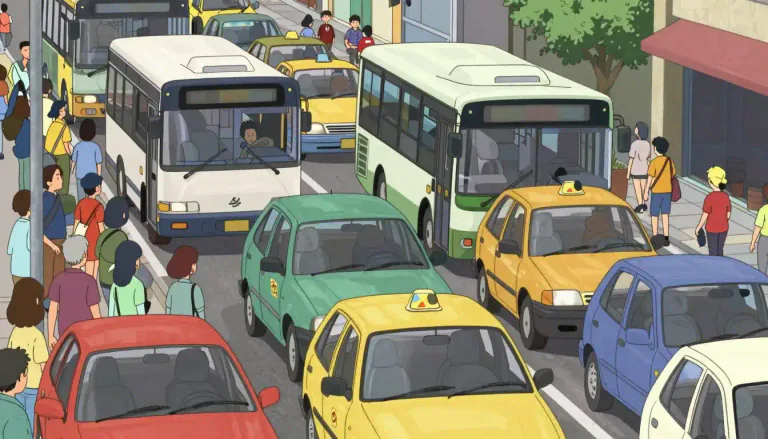 Visual representation of "congested" - full and blocked up, especially with traffic or people