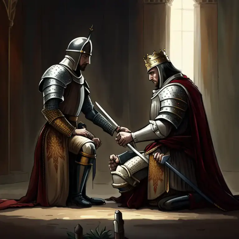 Visual representation of "accolade" - A touch on the shoulder with a sword at the bestowing of a knighthood.