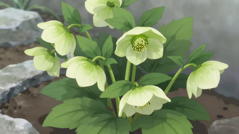 Visual representation of "hellebore" - A type of plant with green or white flowers, often used in gardens.