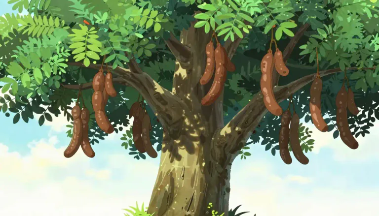Visual representation of "tamarind" - A tropical tree that has brown pod-like fruits.
