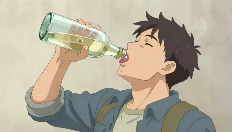 Visual representation of "glug" - To drink (liquid) in large amounts, often hurriedly.