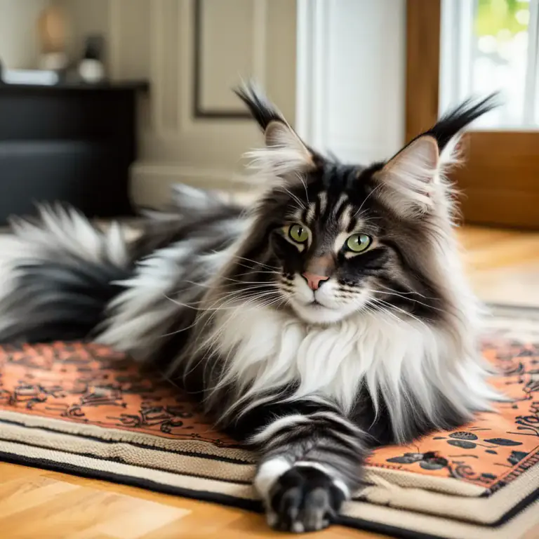 Visual representation of "coon" - A black and white cat with a bushy tail, also known as Maine Coon.