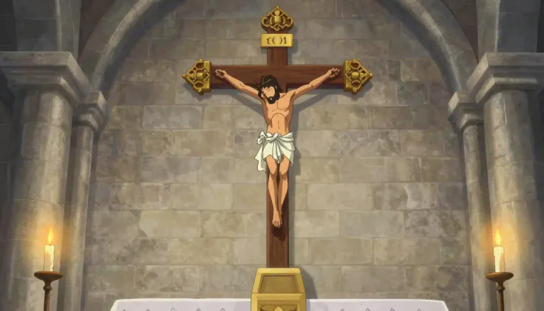 Visual representation of "rood" - A cross or crucifix, especially one that is significant in a church setting.