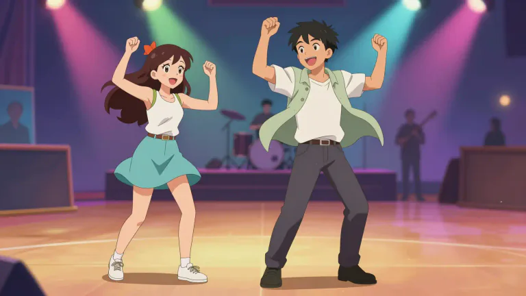 Visual representation of "boogie" - A style of dancing that is energetic and fun, often done to pop, rock, or blues music.