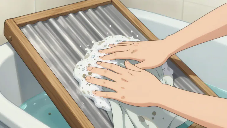 Visual representation of "washboard" - A board with a corrugated surface against which laundry can be rubbed.