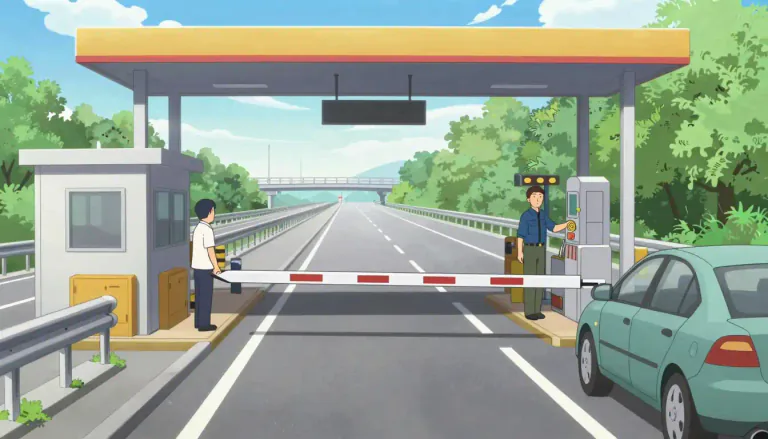 Visual representation of "tollbooth" - A place on a road where you pay a fee to continue your journey
