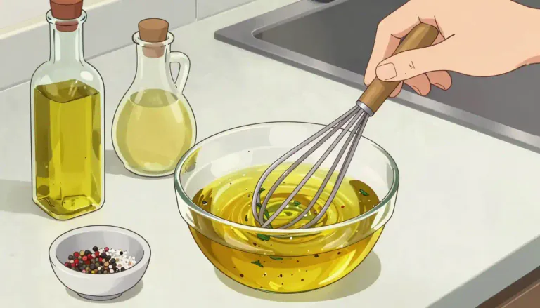 Visual representation of "vinaigrette" - A sauce that is made from oil, vinegar, and seasonings, often used on salads.
